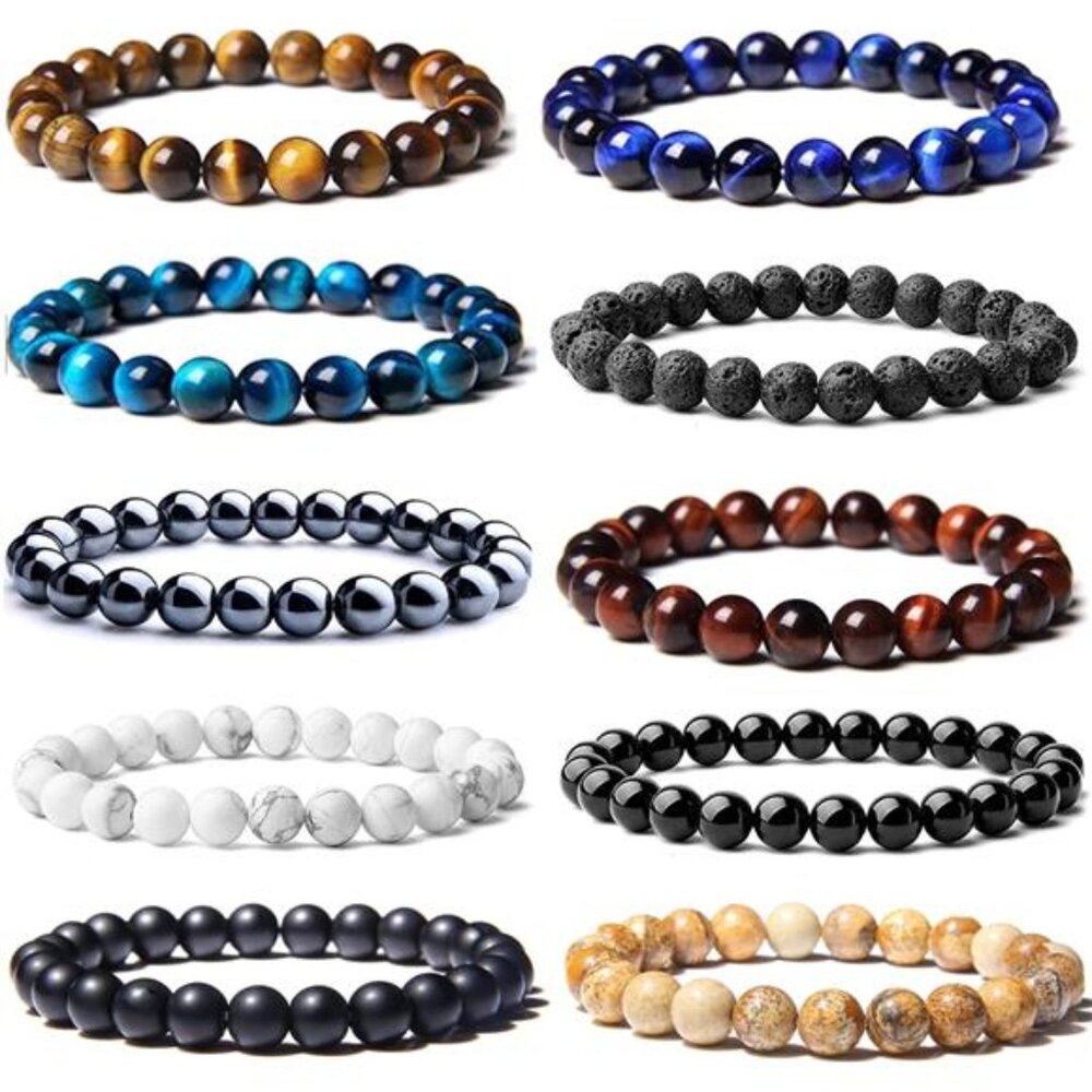 10PCS Tiger Eye Bracelet For Men 8MM Natural Stone Beads Bracelet Set Stretch